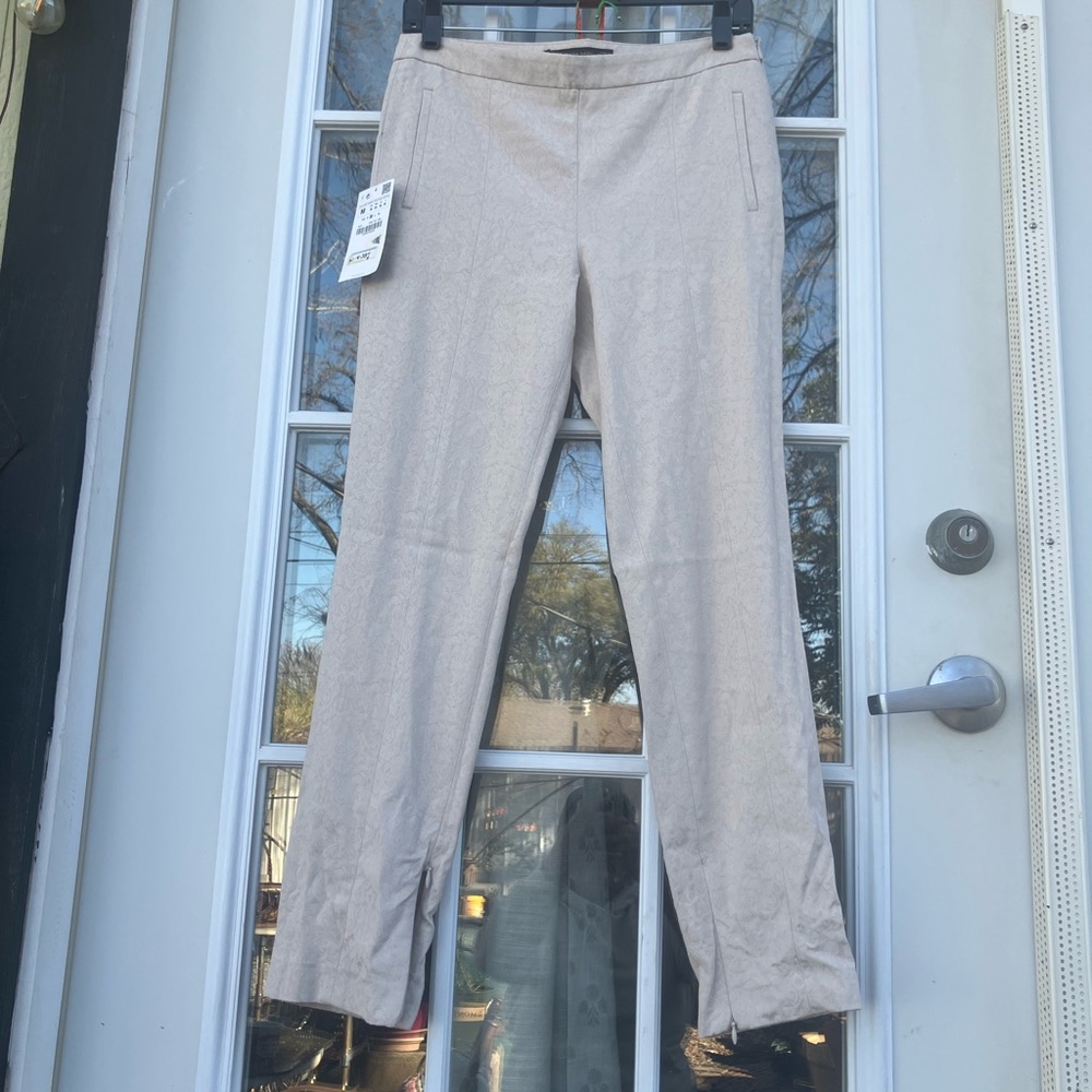 Beige Straight-Leg Dress Pants